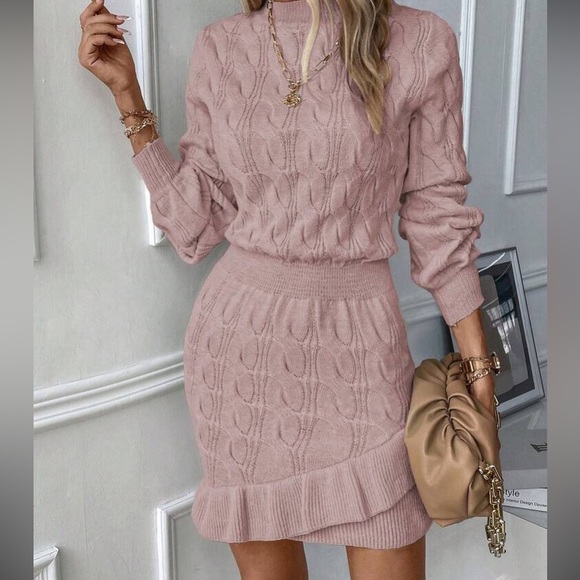 Cozy coffee brown ruffle hem cable knit sweater dress - Picture 15 of 16